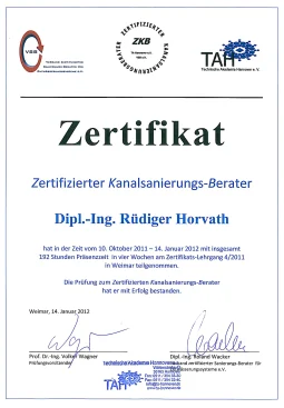 Zertifikat zertifizierter Kanalsanierungsberater Dipl.-Ing. Rüdiger Horvath